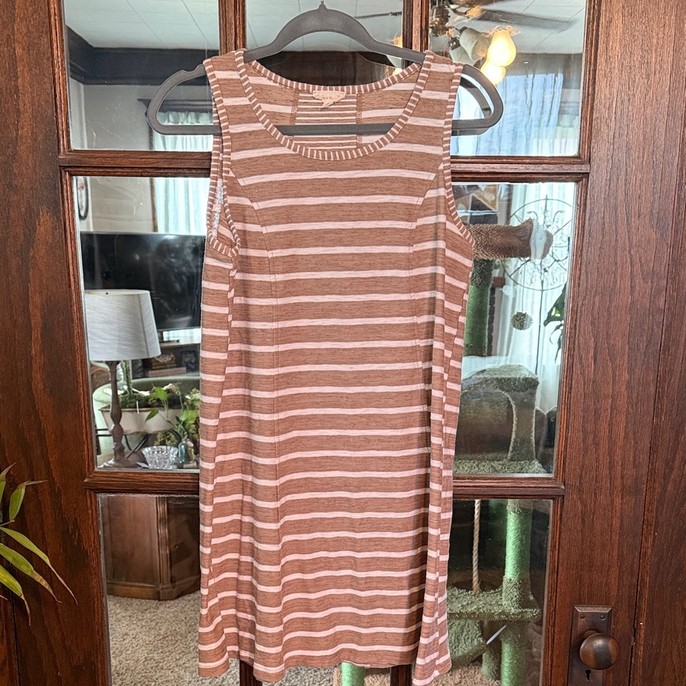 Hem & Thread‎ Tan White Striped Sleeveless Knit Mini Dress Womens Medium